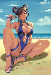 beach between_labia blue_one-piece_swimsuit bracelet braid braided_hair_rings breasts brown_hair cameltoe capcom chun-li cleavage covered_erect_nipples double_bun flower hair_bun hair_flower hair_ornament hair_rings highres jewelry laditos_baldosa large_breasts looking_at_viewer official_alternate_costume official_alternate_hairstyle one-piece_swimsuit smile street_fighter street_fighter_6 swimsuit thighs