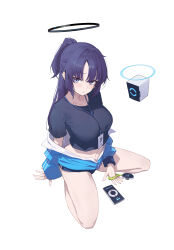1girl black_shirt blue_archive blue_buruma blue_jacket blush breasts buruma cellphone half_updo halo highres id_card jacket lanyard long_hair long_sleeves looking_at_viewer medium_breasts midriff navel off_shoulder parted_bangs phone ponytail purple_eyes purple_hair shirt short_sleeves sidelocks solo squatting stopwatch sukaliya thighs track_jacket watch yuuka_(blue_archive) yuuka_(track)_(blue_archive)