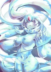Rule 34 | 1girl, absurdres, blue hair, blue skin, breasts, colored skin, commentary request, completely nude, core, dripping, highres, kanade (mon-musu quest!), kawahara0527, large breasts, long hair, looking at viewer, mon-musu quest!, mon-musu quest: paradox, monster girl, navel, nipples, no pussy, nude, open mouth, red eyes, slime (substance), slime girl, solo, tentacle hair, white background