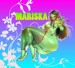bikini black_hair breasts colored_skin covered_erect_nipples green_skin high_heels highres hippie lipstick lollipop_chainsaw long_hair makeup mariska_(lollipop_chainsaw) swimsuit v zombie