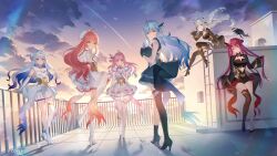 6+girls ahoge amane_kanata angel_wings animal_ears artist_request asymmetrical_footwear beret black_bodysuit black_boots black_dress black_gloves black_shoes blue_hair blue_wings bodysuit boots braid cleavage_cutout clothing_cutout cloud colored_inner_hair colored_tips copyright_notice crossed_bangs day double-parted_bangs double_bun dress elbow_gloves feathered_wings floating_hair fox_ears fox_girl fox_tail full_body gloves gradient_hair gradient_wings green_eyes grey_hair hair_between_eyes hair_bun hair_over_one_eye hair_rings hand_up hat heart heart_ahoge heterochromia high_heel_boots high_heels highres himemori_luna hip_vent hololive houshou_marine long_hair long_sleeves looking_at_viewer low_twin_braids mahou_shoujo_holowitch! mini_wings multicolored_hair multicolored_wings multiple_girls official_alternate_costume official_art one_side_up outdoors pink_hair pleated_skirt pointy_ears purple_eyes purple_hair red_eyes rooftop sakura_miko second-party_source shirakami_fubuki shirt shoes short_sleeves side_up_bun sidelocks single_hair_intake single_hair_ring single_thigh_boot sitting skirt sky standing streaked_hair striped_clothes striped_shirt swept_bangs tail thigh_boots twin_braids uneven_footwear vertical-striped_clothes vertical-striped_shirt very_long_hair virtual_youtuber wavy_hair white_dress white_gloves white_hair white_hat white_shoes white_wings wide_sleeves wings yellow_eyes yukihana_lamy