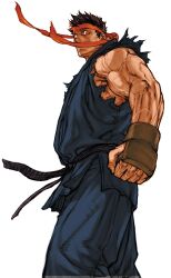 1boy black_hair capcom capcom_vs_snk_2 clenched_hand dark_persona dougi evil_ryu facing_to_the_side fingerless_gloves from_below game_cg gloves glowing glowing_eye hand_guard headband highres karate_gi looking_to_the_side male_focus martial_arts_belt mma_gloves muscular muscular_male nishimura_kinu non-web_source official_art red_eyes red_headband ryu_(street_fighter) short_hair simple_background solo street_fighter torn_clothes torn_sleeves veins veiny_arms white_background