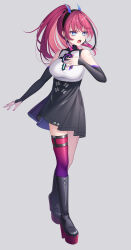 1girl absurdres asymmetrical_legwear bare_shoulders black_boots black_hair black_skirt black_sleeves blue_eyes blue_horns boots breasts bright_pupils brysinggamen clock detached_sleeves earrings fake_horns gradient_thighhighs hairband hand_on_own_chest high-waist_skirt high_heel_boots high_heels highres horn_hairband horns jewelry long_hair meda_(rk_music) mismatched_legwear multicolored_hair open_mouth pink_boots pink_hair pink_nails pink_thighhighs ponytail purple_thighhighs rk_music shirt simple_background single_thighhigh skirt solo streaked_hair studs sweat thighhighs two-tone_hair virtual_youtuber white_background white_pupils white_shirt zipper zipper_pull_tab