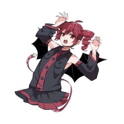 1girl arms_up belt black_shirt black_skirt black_sleeves black_wings breast_pocket buttons collared_shirt cropped_legs detached_sleeves drill_hair flat_chest hair_between_eyes highres kasane_teto kasane_teto_(utau) long_sleeves open_mouth pleated_skirt pocket red_belt red_eyes red_hair red_skirt shirt simple_background skirt sleeveless sleeveless_shirt solo teeth tu_gumi twin_drills upper_body upper_teeth_only utau white_background wing_collar wings