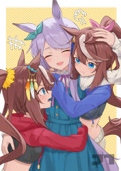 3girls absurdres animal_ears blue_dress blush brown_hair closed_eyes collar crop_top dress frilled_collar frills highres horse_ears horse_girl jtleeklm long_hair looking_at_another mejiro_mcqueen_(umamusume) midriff_peek multicolored_hair multiple_girls open_mouth ponytail purple_hair standing streaked_hair tokai_teio_(umamusume) umamusume very_long_hair white_hair