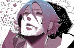 1boy bantrain black_sclera card clubs colored_sclera diamonds facial_hair gambit heart male_focus marvel playing_card red_eyes sketch solo spade stubble togatsuko x-men