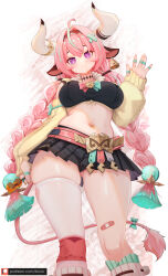 1girl ahoge animal_ears aqua_bow aqua_hair aqua_hairband artist_name bandaid bandaid_on_cheek bandaid_on_face bandaid_on_leg bandeau bell bell_earrings belt bicio black_bandeau black_hairband black_panties black_skirt blush bow braid breasts closed_mouth commentary cow_ears cow_girl cow_horns cow_tail cowbell crumbs detached_sleeves earrings english_commentary fingernails food food_on_body genshin_impact hair_intakes hair_ornament hairband highres holding holding_food holding_skewer horns jewelry large_breasts long_hair long_sleeves looking_at_viewer midriff multicolored_hair multicolored_hairband navel panties panty_peek patreon_username pink_bandaid pink_belt pink_bow pink_hair purple_eyes ribbed_sleeves signature single_earring single_thighhigh skewer skirt smile solo stomach tail tail_bow tail_ornament thighhighs thighs twin_braids twintails two-tone_hair underwear varesa_(genshin_impact) white_background white_horns white_thighhighs x_hair_ornament yellow_sleeves