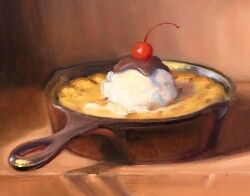 cherry chocolate_syrup cookie dessert english_text food food_focus fruit frying_pan ice_cream no_humans noah_verrier oil_painting_(medium) original painting_(medium) still_life traditional_media