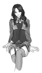 1girl 6w6uwu amoris_(bang_dream!) bang_dream! bang_dream!_it&#039;s_mygo!!!!! blush closed_mouth commentary_request garter_straps greyscale korean_commentary long_hair long_sleeves looking_at_viewer monochrome photo-referenced simple_background solo thighhighs vest voice_actor_connection white_background yonezawa_akane yuutenji_nyamu