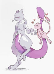 absurdres closed_eyes closed_mouth colored_skin creatures_(company) frown full_body game_freak gen_1_pokemon heart highres legendary_pokemon legs mew_(pokemon) mewtwo mythical_pokemon nintendo pink_skin pokemon pokemon_(creature) purple_eyes purple_skin standing standing_on_one_leg tail tc-96