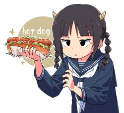 1girl black_eyes black_hair blue_sailor_collar braid character_request copyright_request dot_nose female_focus food highres holding holding_food horns hot_dog jitome ketchup lettuce mustard outline roku_no_hito sailor_collar school_uniform solo twin_braids white_neckwear white_outline