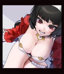 1girl :d astra_yao black_border black_hair border breasts cleavage dress from_above grin hairband highres jacket jewelry large_breasts letdie1414 long_hair long_sleeves looking_at_viewer looking_up necklace open_clothes open_jacket open_mouth parted_lips red_eyes red_jacket sitting skindentation smile solo strapless strapless_dress thigh_strap very_long_hair white_dress white_hairband zenless_zone_zero