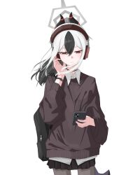 1girl absurdres black_bag black_hair black_horns black_skirt blue_archive brown_sweater cellphone collared_shirt demon_horns hair_between_eyes halo hashtag-only_commentary headphones highres hit_by_hit holding holding_phone horns kayoko_(blue_archive) long_sleeves multicolored_hair parted_lips phone pleated_skirt red_eyes shirt sidelocks simple_background skirt smartphone solo standing sweater two-tone_hair white_background white_hair white_shirt