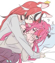 2girls animal_ears black_choker black_hair blue_eyes choker ear_licking grey_shirt hair_behind_ear hakos_baelz halo heterochromia hololive hololive_english horns irys_(hololive) licking long_hair long_sleeves mouse_ears multicolored_hair multiple_girls on_bed pantyhose pillow pink_eyes purple_pantyhose ramphastostella red_hair saliva shirt streaked_hair tongue tongue_out virtual_youtuber white_hair yuri