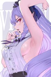 1girl arm_up armpits ascot bare_arms bare_shoulders black_hairband black_nails blue_ribbon blush border bow bowtie breasts buttons center_frills character_name commentary covered_erect_nipples fang fingernails frilled_shirt frilled_shirt_collar frills from_side grey_background hair_between_eyes hair_ribbon hairband hand_to_own_mouth hand_up long_fingernails long_hair looking_at_viewer looking_to_the_side medium_breasts nail_polish nonh_(wormoftank) parted_lips presenting_armpit presenting_sideboob profile purple_bow purple_bowtie purple_hair red_eyes ribbon shirt sideboob sideless_shirt sideways_glance simple_background sleeveless sleeveless_shirt solo sweat underbust upper_body very_long_hair vivian_banshee white_ascot white_border white_shirt zenless_zone_zero