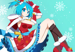 Rule 34 | 1girl, android, blue eyes, blue hair, breasts, christmas, dress, headphones, impossible clothes, kaidou zx, large breasts, looking at viewer, mega man (series), mega man x (series), mega man x dive, official alternate costume, one side up, red dress, revision, rico (mega man), santa costume, santa dress, smile, solo