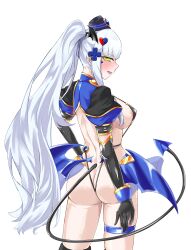 Rule 34 | 1girl, absurdres, alternate costume, areola slip, ass, back, black gloves, black thighhighs, blue hair, blush, breasts, butt crack, corruption, covered erect nipples, dark persona, demon girl, demon horns, demon tail, demon wings, elbow gloves, facial mark, from behind, girls&#039; frontline, gloves, green eyes, hair ornament, hat, highres, hk416 (girls&#039; frontline), horns, large breasts, logia13laplace, long hair, looking at viewer, looking back, low wings, open mouth, ponytail, puffy short sleeves, puffy sleeves, revealing clothes, short sleeves, shrug (clothing), sideboob, simple background, slave gear, slingshot swimsuit, smile, solo, swimsuit, tail, tattoo, teardrop, teardrop facial mark, teardrop tattoo, thigh strap, thighhighs, ts magical girl nao, variant set, very long hair, white background, white hair, wings