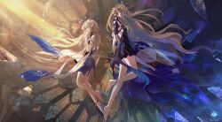 2girls absurdres artist_logo bare_legs bare_shoulders barefoot black_dress blonde_hair blue_hair breasts broken_glass cartethyia_(wuthering_waves) closed_eyes closed_mouth colored_inner_hair commentary crown_of_thorns dress dual_persona earrings english_commentary fleurdelys_(wuthering_waves) floating_earrings from_side glass highres jewelry large_breasts legs logo long_hair multicolored_hair multiple_girls own_hands_clasped own_hands_together pointy_ears split_theme steve_zheng tabard thighs very_long_hair white_tabard wuthering_waves