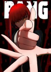 1girl absurdres black_coat black_necktie blckksn0w blurry blurry_background chainsaw_man coat finger_gun highres looking_at_viewer makima_(chainsaw_man) necktie pointing pointing_at_viewer red_hair shirt solo white_shirt yellow_eyes
