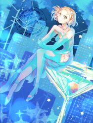 Rule 34 | 1girl, absurdres, bare shoulders, blonde hair, braid, cityscape, cocktail glass, contemporary, crown braid, cup, dress, drinking glass, eggplant24h, elbow gloves, full body, gloves, green eyes, high heels, highres, jewelry, looking at viewer, necklace, nintendo, pearl necklace, pointy ears, princess zelda, side slit, sitting, solo, strapless, strapless dress, the legend of zelda, the legend of zelda: tears of the kingdom, thighhighs
