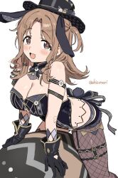 1girl :d animal_ears back_ribbon black_gloves black_hat black_leotard black_ribbon blush boater_hat breasts brown_eyes brown_hair brown_pantyhose cleavage detached_collar fake_animal_ears fishnet_pantyhose fishnets garter_straps gloves hat highres ichikawa_hinana idolmaster idolmaster_shiny_colors idolmaster_shiny_colors_song_for_prism large_breasts leaning_forward leotard long_hair looking_at_viewer official_alternate_costume open_mouth pantyhose protected_link rabbit_ears ribbon shisoneri simple_background single_garter_strap single_leg_pantyhose smile solo thigh_strap twitter_username white_background