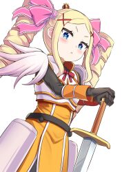 Rule 34 | 1girl, :&lt;, armor, beatrice (re:zero), black gloves, blonde hair, blue eyes, blush, bow, cosplay, cowboy shot, darkness (konosuba), darkness (konosuba) (cosplay), dress, drill hair, gloves, hair ornament, long hair, long sleeves, looking at viewer, pink bow, re:zero kara hajimeru isekai seikatsu, s (hdru2332), solo, sword, twin drills, twintails, weapon, x hair ornament