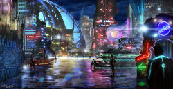 building circuit_board city cloud cloudy_sky cyberpunk diffraction_spikes dome multiple_boys neon_lights neon_trim night original outdoors rain reflection scenery science_fiction signature sky skyscraper wenlong_zengye wet_pavement