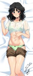 1girl amagami bed_sheet black_hair blue_eyes blush bow bow_panties bra bra_visible_through_clothes brown_shorts clothes_lift clothes_pull collarbone commentary_request commission curly_hair dated feet_out_of_frame from_above green_bra green_panties hand_on_own_stomach hand_up highres lifting_own_clothes looking_at_viewer lying messy_hair navel on_back paid_reward_available panties parted_bangs parted_lips revision see-through_clothes see-through_shirt shirt shirt_lift shorts shorts_pull signature solo tanamachi_kaoru underwear wavy_hair wet wet_clothes wet_hair wet_shirt white_shirt yoo_tenchi