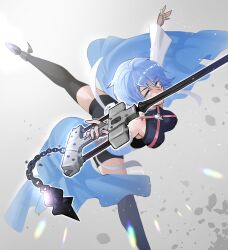 1girl absurdres aqua_(kingdom_hearts) blue_eyes blue_hair flexible highres holding holding_weapon jaysosillyart keyblade kingdom_hearts looking_at_viewer weapon