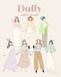 6+girls absurdres animal_ears animification bear_ear_hairband bear_ears brown_hair cookieann duffy_and_friends duffy_the_disney_bear full_body gelatoni genderswap hat highres humanization linabell long_hair looking_at_viewer meecosme multiple_girls olu_mel shelliemay shirt short_hair skirt smile stellalou sweater
