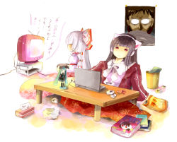2girls bad_id bad_pixiv_id bra bra_on_head cameo female_focus figure fujiwara_no_mokou gendou_pose own_hands_clasped hatsune_miku houraisan_kaguya ichitaro ikari_gendou inaba_tewi lingerie multiple_girls neet neon_genesis_evangelion object_on_head own_hands_together touhou translation_request underwear vocaloid
