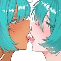 2girls aqua_hair argentinian_miku blush brazil brazilian_miku close-up couple dark-skinned_female dark_skin earrings eyelashes french_kiss hair_between_eyes hatsune_miku highres jewelry kiss kiss_focus lips long_hair looking_at_another multiple_girls nean_black open_mouth portrait saliva saliva_trail selfcest simple_background tongue tongue_out upper_body vocaloid white_background yuri