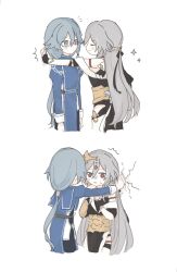 Rule 34 | 2girls, black dress, blue eyes, blue jacket, blue pants, boots, chinese clothes, commentary request, crack, cracked wall, dress, fu hua, fu hua (valkyrie accipiter), glasses, grey hair, hair ornament, herrscher of sentience, highres, honkai (series), honkai impact 3rd, jacket, juliet sleeves, kabedon, long hair, long sleeves, multiple girls, one eye closed, pants, puffy sleeves, red-framed eyewear, red eyes, simple background, sparkle, tya tya 3rd, very long hair, white background
