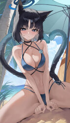 Rule 34 | 1girl, absurdres, animal ear fluff, animal ears, bare arms, bare shoulders, beach, bikini, black hair, blue archive, blue bikini, blue eyes, blush, breasts, cat ears, cat girl, cat tail, cleavage cutout, closed mouth, clothing cutout, highres, kikyou (blue archive), kikyou (swimsuit) (blue archive), large breasts, looking at viewer, multiple tails, navel, ocean, official alternate costume, short hair, smile12190, solo, stomach, sweat, swimsuit, tail, two tails