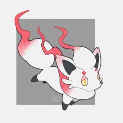 Rule 34 | animal focus, border, bright pupils, full body, grey background, hisuian zorua, lai (pixiv1814979), looking at viewer, nintendo, no humans, pokemon, pokemon (creature), signature, simple background, solo, white border, white pupils, yellow eyes