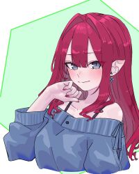 1girl baobhan_sith_(fate) bare_shoulders blue_sweater blush breasts fate/grand_order fate_(series) grey_eyes hand_up highres long_hair looking_at_viewer niwaikanai pink_hair pointy_ears sidelocks smile solo sweater upper_body