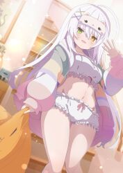1girl absurdres blush commentary_request commission eye_mask green_eyes hair_between_eyes hair_ornament heterochromia highres holding indoors long_hair long_sleeves looking_at_viewer loungewear midriff navel open_mouth original picture_frame shiro9jira shirt shorts skeb_commission stairs standing thighs very_long_hair white_hair white_shirt white_shorts x_hair_ornament yellow_eyes