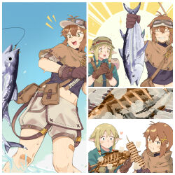 +_+ 2girls :d :t animal belt black_eyes black_vest blonde_hair blue_eyes blue_shirt blue_sky blush border brown_belt brown_capelet brown_gloves brown_hair brown_hat bucket_hat capelet commentary_request day eating elf feet_out_of_frame fish fishing fishing_rod fukana_miyu_(kokuya28) gloves goggles goggles_on_head grey_shorts grill hair_ornament hat heart highres holding holding_animal holding_fish holding_fishing_rod kokuya_(kokuya28) midriff multiple_girls navel notice_lines open_mouth original outdoors pointy_ears pouch shirt short_hair shorts sky smile sparkle standing upper_body vest visor_cap white_border white_shirt x_hair_ornament