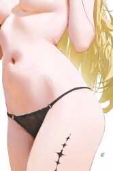 1girl absurdres artist_logo black_panties blonde_hair breasts commentary english_commentary highres large_breasts leg_focus logo long_hair navel no_pants panties phoebe_(wuthering_waves) rcade simple_background solo stomach tacet_mark_(wuthering_waves) thighs topless_female underwear white_background wuthering_waves