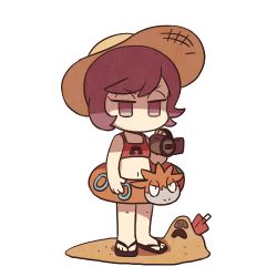 1girl alternate_costume black_sandals camerupt chibi commentary courtney_(pokemon) creatures_(company) game_freak gen_3_pokemon gen_7_pokemon hat holding lifebuoy logo lowres nintendo no_mouth pokemon pokemon_oras purple_eyes purple_hair sand sandals sandygast simple_background solo ssalbulre standing swim_ring team_magma themed_object toes video_camera white_background yellow_hat