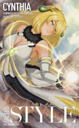 1girl aura blonde_hair blue_sky breasts character_name cleavage cliff cloud coat cover cynthia_(arc_suit)_(pokemon) cynthia_(pokemon) detached_sleeves dutch_angle energy_ball english_text fake_magazine_cover grey_eyes high_heels highres large_breasts long_hair magazine_cover negaska nintendo official_alternate_costume outdoors pokemon pokemon_masters_ex shirt shoes sky solo very_long_hair white_coat white_shirt yellow_shoes