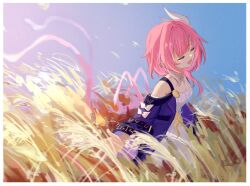 1girl blue_sky border breasts cleavage coat cyrene_(honkai:_star_rail) dress hair_ornament highres honkai:_star_rail honkai_(series) jewelry medium_hair mi_(27782900) multicolored_hair necklace open_mouth outdoors pink_hair pointy_ears purple_coat sky small_breasts solo two-tone_hair wheat wheat_field white_border white_dress white_hair