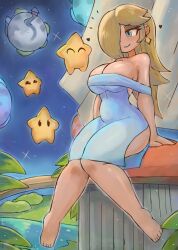 Rule 34 | 1girl, absurdres, barefoot, blonde hair, blue dress, blue eyes, blue lips, blush, breasts, cleavage, closed eyes, collarbone, dress, earrings, grass, hair over one eye, heart, highres, jewelry, large breasts, long hair, looking up, luma (mario), mario (series), nintendo, off-shoulder dress, off shoulder, planet, plant, river, rosalina, sitting, sky, smile, space, sparkle, star (sky), star (symbol), star earrings, starry sky, super mario galaxy, thick thighs, thighs, tony welt, water, wide hips