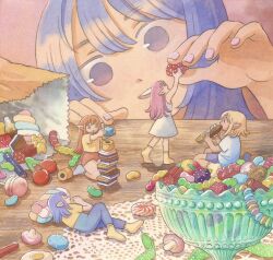 5girls blonde_hair blue_eyes blue_hair blue_shirt candy candy_necklace cherry chocolate chocolate_coin commentary dress eating english_commentary food fruit gummy_bear gummy_worm heikala highres holding holding_food jelly_bean licorice_(food) long_hair lying medium_hair mini_person minigirl multiple_girls open_mouth orange_hair orange_shorts original painting_(medium) pants pastel_colors pink_background pink_hair pink_nails pointy_ears purple_eyes purple_hair purple_pants purple_shorts shirt shorts sitting sitting_on_food sleeping smile socks sweets t-shirt table traditional_media watercolor_(medium) white_dress white_socks wooden_table yellow_shirt yellow_socks