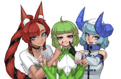 3girls ahoge animal_ear_fluff black_choker blue_eyes blue_hair breasts cat_girl cheek_poking choker closed_mouth demon_girl demon_horns detached_sleeves empty_eyes eyebrows_hidden_by_hair fangs green_hair green_sleeves highres horns jacket krokofucholf large_breasts lips long_hair looking_at_viewer medium_breasts multiple_girls nail_polish open_mouth original pointy_ears poking ponytail purple_eyes red_hair shirt short_hair simple_background smile teeth upper_body white_background white_jacket white_shirt white_sleeves
