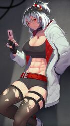 1girl abs absurdres bell belt black_hair breasts buttslayer cellphone cellphone_charm charm_(object) choker cleavage fingerless_gloves flip_phone gloves hair_bell hair_bun hair_ornament hand_in_pocket highres hood jacket large_breasts leaning_on_object multicolored_hair muscular muscular_female open_clothes open_jacket original pantyhose phone red_eyes shorts solo tattoo white_hair