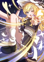 1girl apron back_bow black_shirt black_shoes black_skirt blonde_hair blue_eyes blush bow breasts broom broom_riding cosplay frilled_skirt frills hat highres idolmaster idolmaster_cinderella_girls kirisame_marisa kirisame_marisa_(cosplay) long_hair loose_socks medium_breasts niban_(puka_0507) ohtsuki_yui one_eye_closed open_mouth pointing pointing_at_viewer shirt shoes skirt socks solo thighs touhou wavy_hair wavy_sidelocks white_bow witch_hat