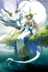 1girl absurdres arknights bare_shoulders belt blonde_hair blue_hair closed_mouth colored_extremities dragon dragon_girl dragon_horns dragon_tail earrings eastern_dragon eyeliner full_body green_eyes green_hair hair_between_eyes highres horns jacket jewelry light_smile long_hair long_sleeves looking_at_viewer makeup moha_(rin123456) multicolored_hair necklace off_shoulder orange_eyeliner pants petting ripples shu_(arknights) sitting solo strapless tail tube_top very_long_hair water watermark white_belt white_hair white_jacket white_pants white_tube_top
