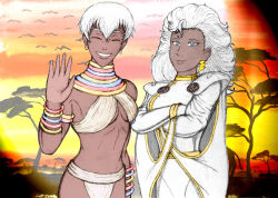 animification blue_eyes bodysuit breasts capcom cape crossed_arms crossover d20watt dark-skinned_female dark_skin earrings elena_(street_fighter) gloves highres jewelry large_breasts long_hair looking_at_viewer marvel multiple_girls neck_ring short_hair smile storm_(x-men) street_fighter street_fighter_iii_(series) very_dark_skin waving white_hair x-men x-men_(1992_video_game)