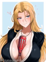 1girl absurdres between_breasts black_kimono bleach blonde_hair blue_background blue_eyes border breasts can cleavage commentary drink_can highres japanese_clothes jewelry kimono long_hair matsumoto_rangiku monster_energy necklace opalis paid_reward_available patreon_username smile solo upper_body very_long_hair white_border